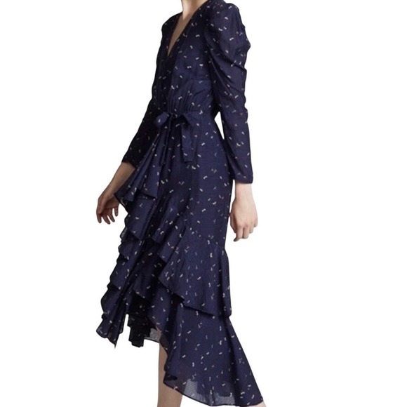 Joie Miraly Dragonfly Print Wrap Midi Dress Navy Blue Medium - Picture 9 of 10